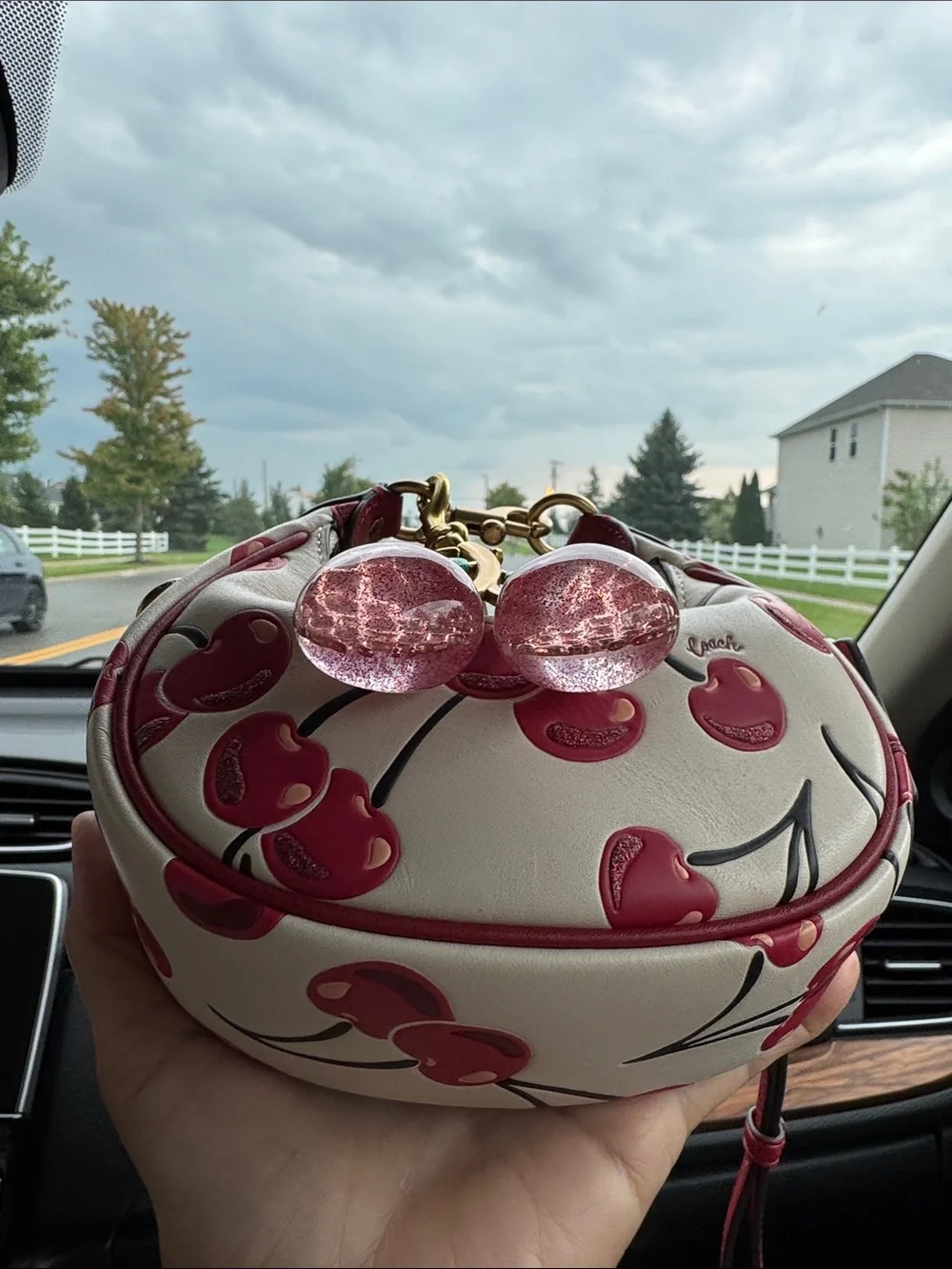 Coach White & Red Cherry Print Mini Shoulder Bag with Cherry Charm